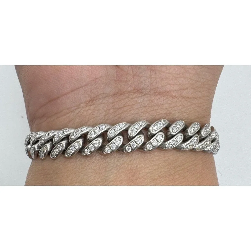 925 Sterling Silver Iced Out Cuban Link Bracelet 10mm Curb Chain 8 Inch